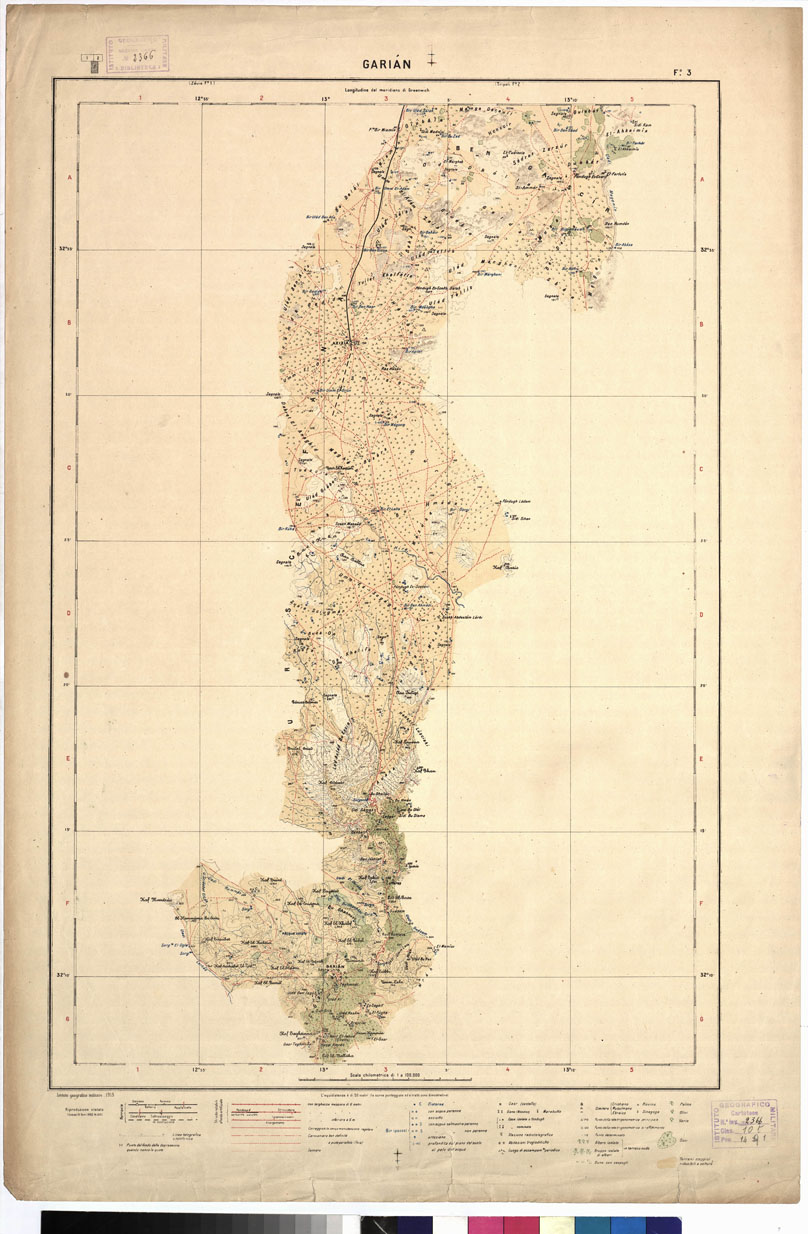 (N:7640) LIBIA AL 100 000.
Fogli 1, 2, 3 (ZAUIA, TRIPOLI, GARIAN). 
 (B0011230) Carte e stampe antiche: riproduzione a colori su carta (formato A1)