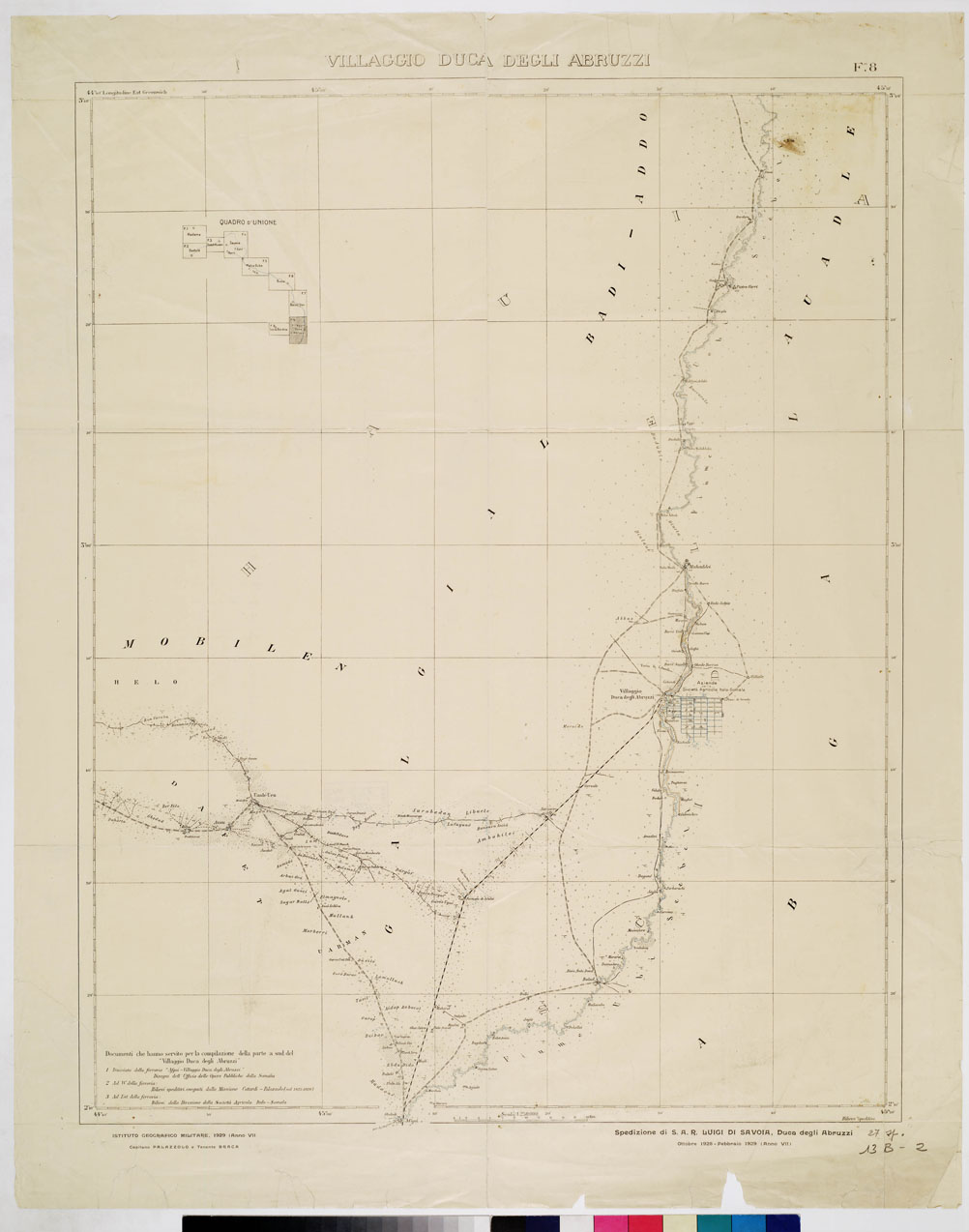 (N:5503) CARTA ITINERARIA DELLA SPEDIZIONE DI S.A.R. LUIGI DI SAVOIA DUCA DEGLI ABRUZZI PER L'ESPLORAZIONE DELLO UABI-UEBI SCEBELI 1928-1929 - Foglio 8 VILLAGGIO DUCA DEGLI ABRUZZI (B0011269) Carte e stampe antiche: riproduzione a colori su carta (formato A1)