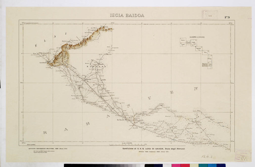 (N:5504) CARTA ITINERARIA DELLA SPEDIZIONE DI S.A.R. LUIGI DI SAVOIA DUCA DEGLI ABRUZZI PER L'ESPLORAZIONE DELLO UABI-UEBI SCEBELI 1928-1929 - Foglio 9 ISCIA BAIDOA (B0011270) Carte e stampe antiche: riproduzione a colori su carta (formato A1)