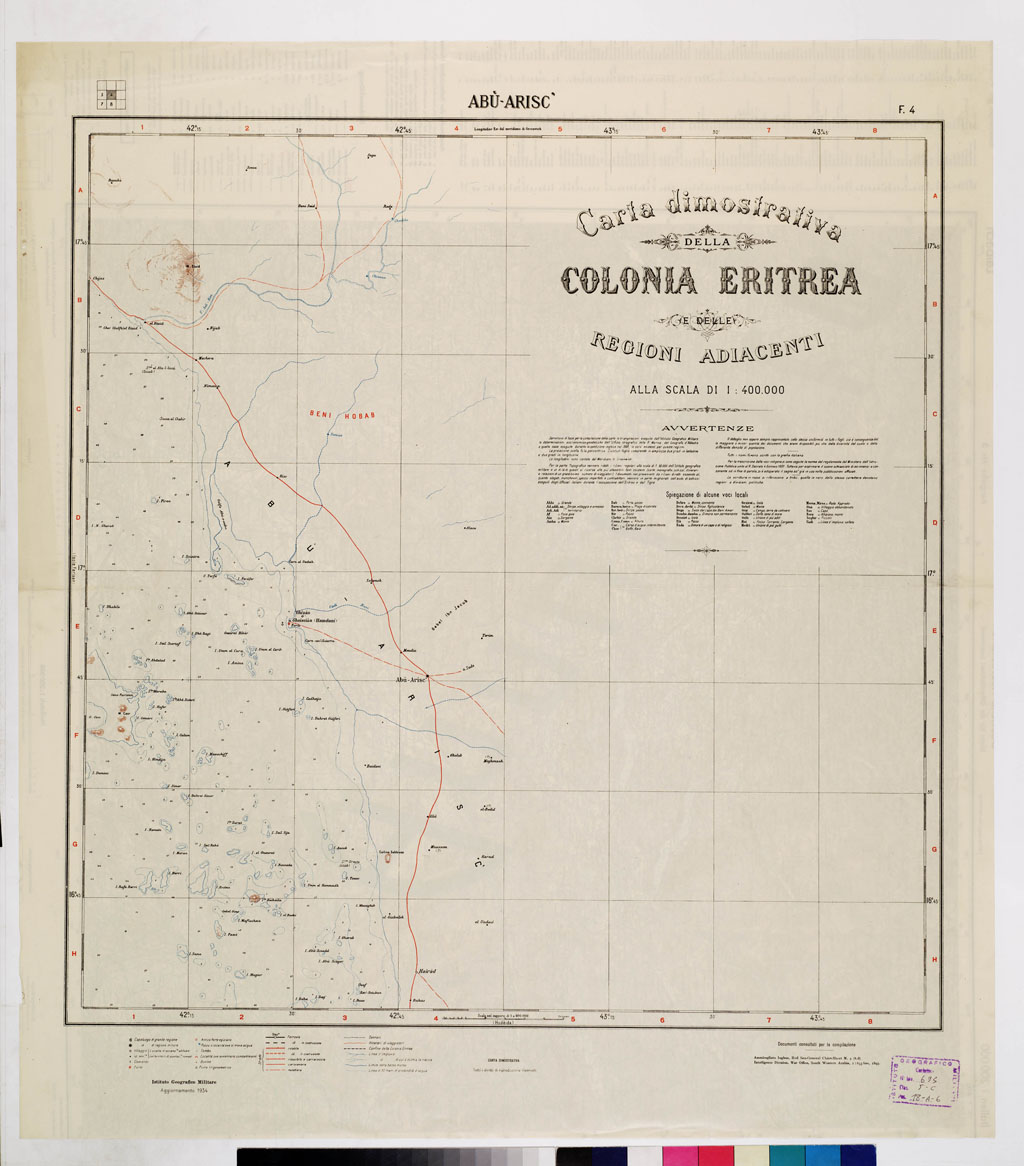 (N:4190) CARTA DIMOSTRATIVA DELLA COLONIA ERITREA E REGIONI ADIACENTI - Foglio 4 ABU' ARISC (B0011418) Carte e stampe antiche: riproduzione a colori su carta (formato A1)