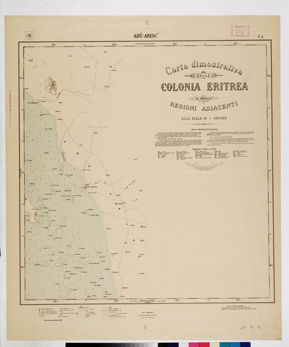 (N:4188) CARTA DIMOSTRATIVA DELLA COLONIA ERITREA E REGIONI ADIACENTI - Foglio 4 ABU' ARISC (B0011419) Carte e stampe antiche: riproduzione a colori su carta (formato A1)