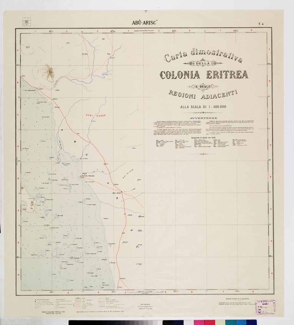 (N:4189) CARTA DIMOSTRATIVA DELLA COLONIA ERITREA E REGIONI ADIACENTI - Foglio 4 ABU' ARISC (B0011420) Carte e stampe antiche: riproduzione a colori su carta (formato A1)