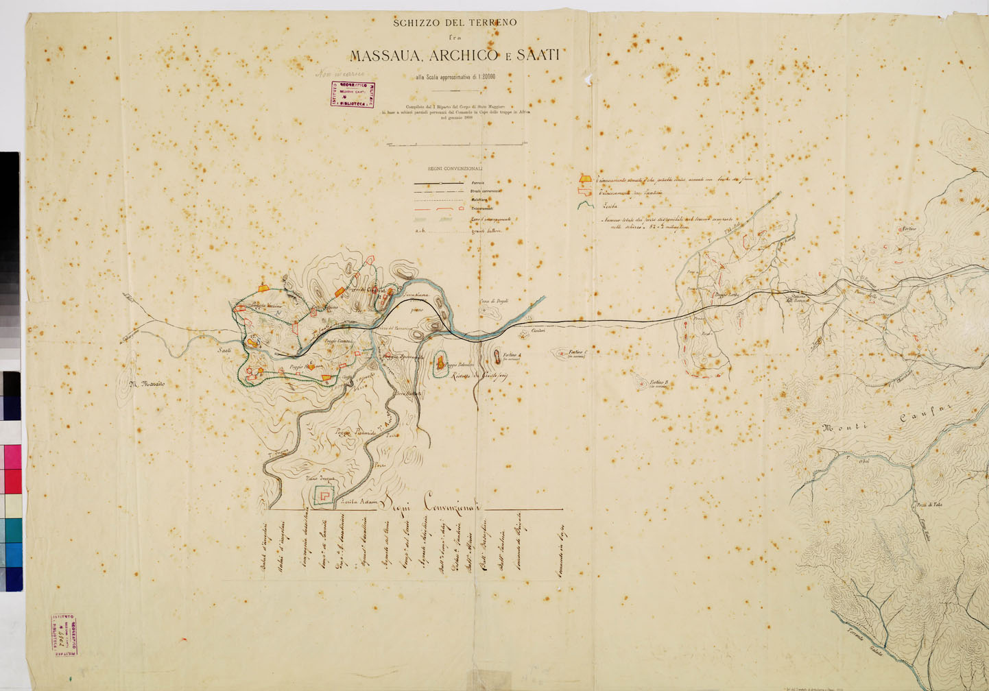 (N:15769) SCHIZZO DEL TERRENO FRA MASSAUA, ARCHICO E SAATI (B0011452, B0011453, B11452-3) Carte e stampe antiche: riproduzione a colori su carta (formato A1)