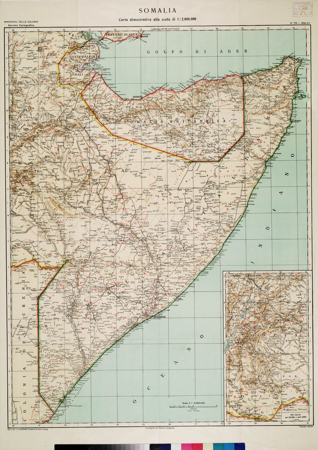 (N:15955) SOMALIA - CARTA DIMOSTRATIVA FISICO POLITICA (B0011495) Carte e stampe antiche: riproduzione a colori su carta (formato A1)