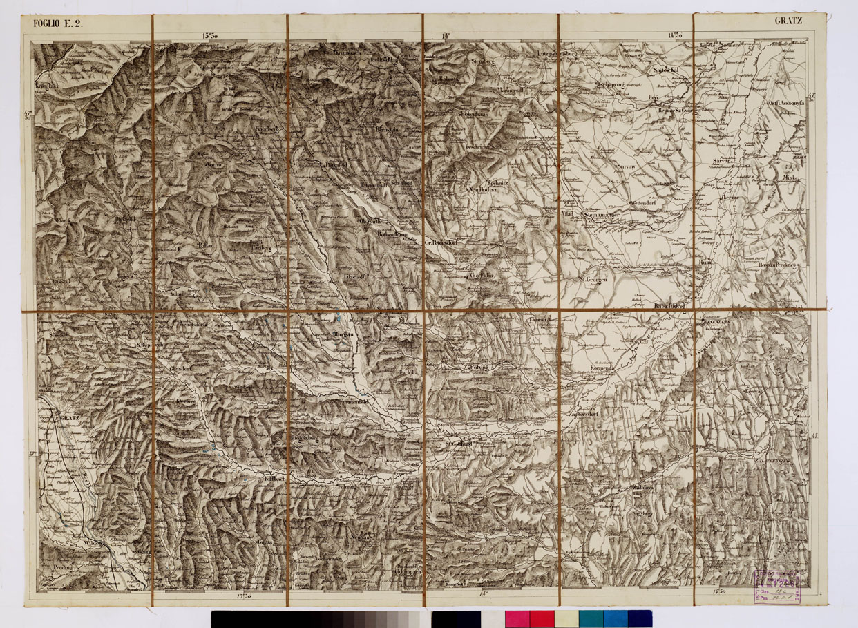 (N:1773) CARTA DEI VERSANTI MERIDIONALI E SETTENTRIONALI DELLE ALPI RETICHE CARNICHE - GIULIE - Foglio E 2 GRATZ (B0012485) Carte e stampe antiche: riproduzione a colori su carta (formato A1)