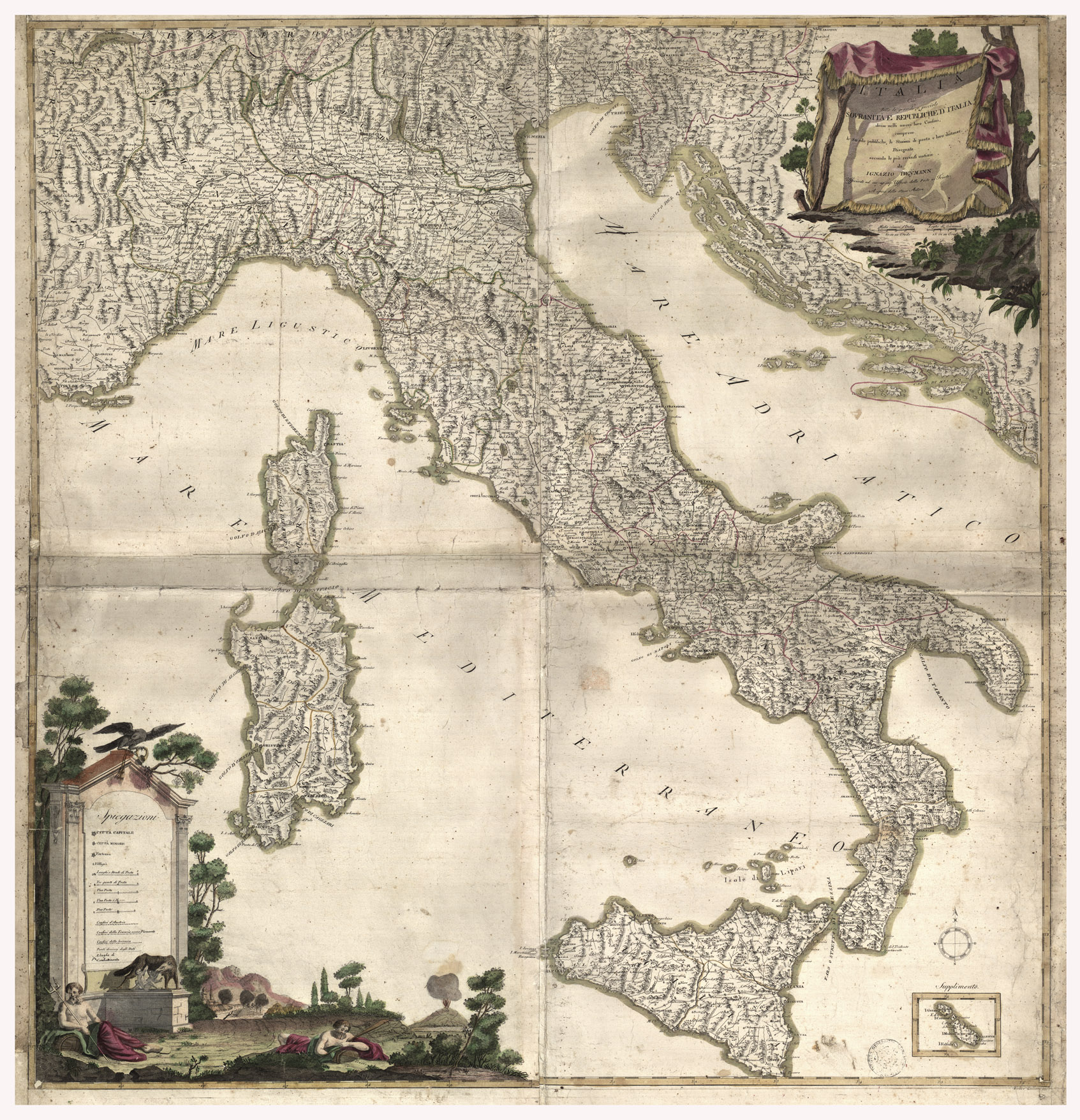 (N:162) ITALIA CIOE' TUTTE LE GRANDI E PICCOLE SOVRANITA'E REPUBBLICHE D'ITALIA DIVISE NELLI NUOVI LORO CONFINI, COMPRESE LE STRADE PUBBLICHE, LE STAZIONI DI POSTA E LE LORO DISTANZE
 (B0012821) Carte e stampe antiche: riproduzione a colori su carta (formato A1)