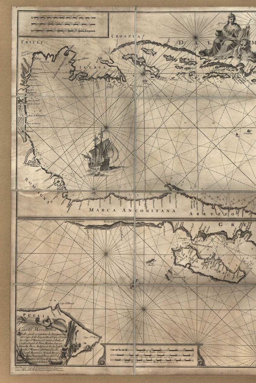 (N:491) I. CARTA MARITTIMA DEL GOLFO DI VENEZIA CON TUTTE L'ISOLE E SCOGLI CHE IN ESSO SI TROVANO
II. CARTA MARITTIMA, NELLA QUALE SI CONTIENE LA NAVIGAZIONE DEL CAPO DELLA LINGUETTA AL CAPO D'OTRANTO E CAPO S.TA MARIA COL CANALE ET ISOLA DI CORFU' ... (B0012839, B0012840, B12839-40) Carte e stampe antiche: riproduzione a colori su carta (formato A1)