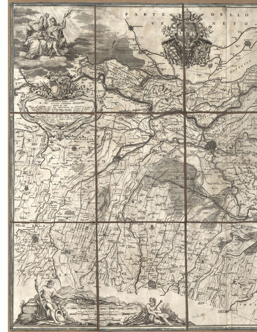 (N:8683) COROGRAFIA DEL DUCATO DI FERRARA CON LA DELINEAZIONE DELLE CITTA', CASTELLI, TERRE, VILLE E LUOGHI DEL MEDESIMO, E DI PARTE DEGLI STATI CIRCONVICINI, CON SUOI FIUMI, VALLI, CONDOTTI, ARGINI, E STRADE, FATTA MEDIANTE L'UNIONE DELLE PIU' ESATTE E MODERNE... (B0012856, B0012857, B12856-7) Carte e stampe antiche: riproduzione a colori su carta (formato A1)