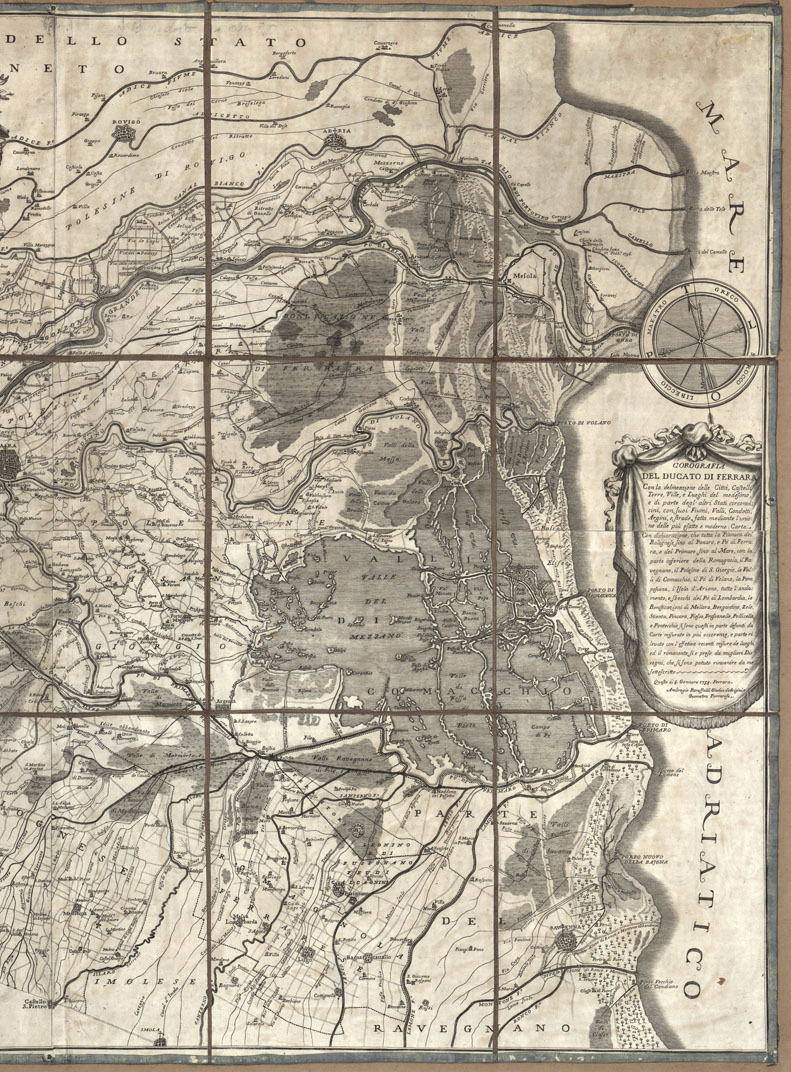 (N:8683) COROGRAFIA DEL DUCATO DI FERRARA CON LA DELINEAZIONE DELLE CITTA', CASTELLI, TERRE, VILLE E LUOGHI DEL MEDESIMO, E DI PARTE DEGLI STATI CIRCONVICINI, CON SUOI FIUMI, VALLI, CONDOTTI, ARGINI, E STRADE, FATTA MEDIANTE L'UNIONE DELLE PIU' ESATTE E MODERNE... (B0012856, B0012857, B12856-7) Carte e stampe antiche: riproduzione a colori su carta (formato A1)