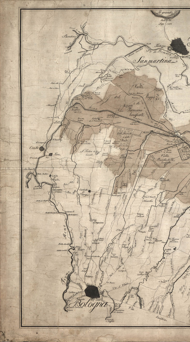 (N:8685) CARTA TOPOGRAFICA IN CUI SI VEGGONO DELINEATI I LAVORI TUTTI ESEGUITI DALLA COMMISSIONE DELLE ACQUE DELLE TRE PROVINCIE BOLOGNA, FERRARA E ROMAGNA DALL'ANNO 1767 FINO AL GIORNO PRESENTE. LE DIVERSE DIREZIONI DATI AGLI INFLUENTI, AGLI ASCOLI... (B0012860, B0012861, B0012862, B12860-2) Carte e stampe antiche: riproduzione a colori su carta (formato A1)