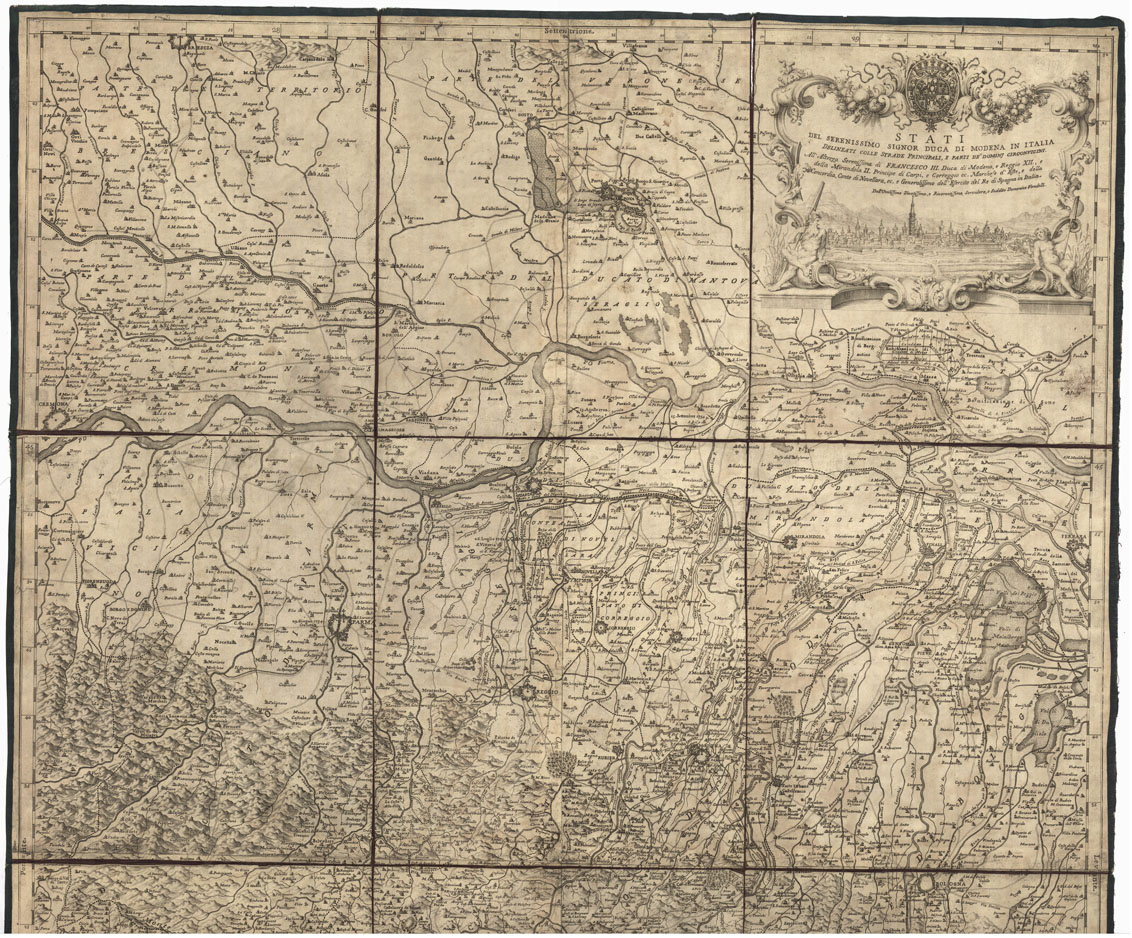 (N:8895) STATI DEL SERENISSIMO SIGNOR DUCA DI MODENA IN ITALIA DELINEATI COLLE STRADE PRINCIPALI, E PARTI DE' DOMINI CIRCONVICINI. (B0012865, B0012866, B12865-6) Carte e stampe antiche: riproduzione a colori su carta (formato A1)
