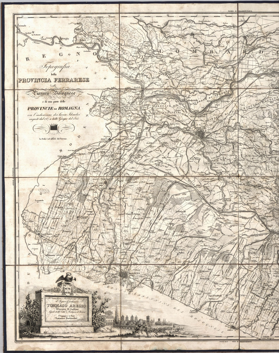 (N:9938) TOPOGRAFIA DELLA PROVINCIA FERRARESE DELLA PIANURA BOLOGNESE E DI UNA PARTE DELLE PROVINCIE DI ROMAGNA CON L'INDICAZIONE DEI LAVORI IDRAULICI ESEGUITI DAL 1767 A TUTTO GIUGNO DEL 1825. (B0012897, B0012898, B12897-8) Carte e stampe antiche: riproduzione a colori su carta (formato A1)