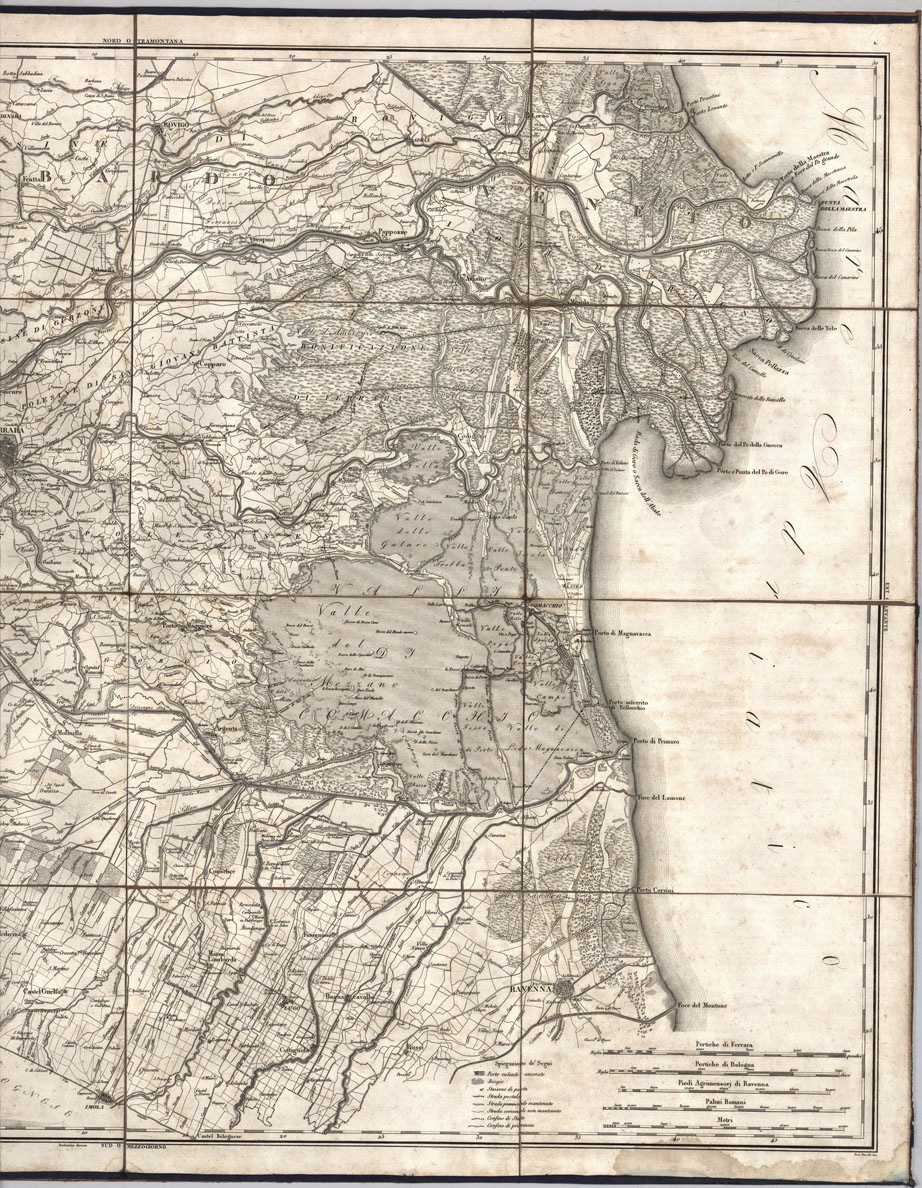 (N:9938) TOPOGRAFIA DELLA PROVINCIA FERRARESE DELLA PIANURA BOLOGNESE E DI UNA PARTE DELLE PROVINCIE DI ROMAGNA CON L'INDICAZIONE DEI LAVORI IDRAULICI ESEGUITI DAL 1767 A TUTTO GIUGNO DEL 1825. (B0012897, B0012898, B12897-8) Carte e stampe antiche: riproduzione a colori su carta (formato A1)