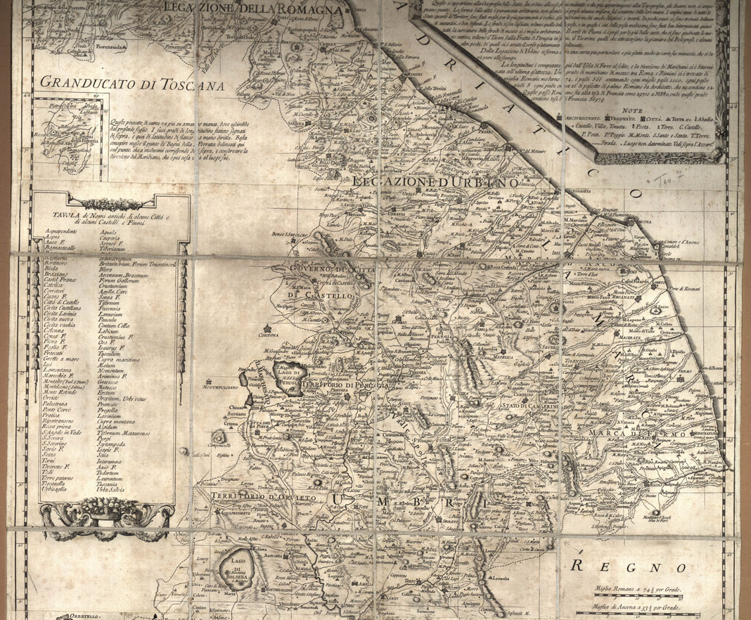 (N:9941) NUOVA CARTA GEOGRAFICA DELLO STATO ECCLESIASTICO DELINEATA DAL P. CRISTOFORO MAIRE D.A C.A DI GESU' SULLE COMUNI OSSERVAZIONI SUE E DEL P. RUGGIERO GIUS.E BOSCOVICH. D.A MED.A C.A. (B0012901, B0012902, B0012903, B12901-3) Carte e stampe antiche: riproduzione a colori su carta (formato A1)