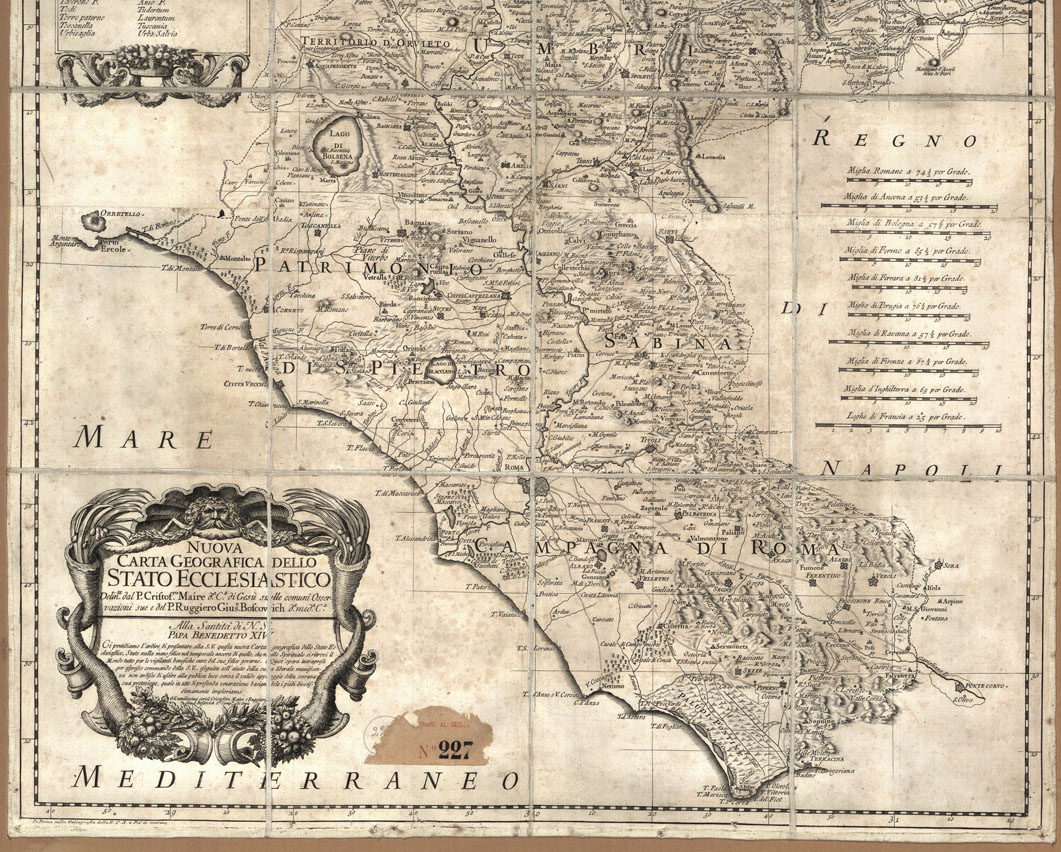(N:9941) NUOVA CARTA GEOGRAFICA DELLO STATO ECCLESIASTICO DELINEATA DAL P. CRISTOFORO MAIRE D.A C.A DI GESU' SULLE COMUNI OSSERVAZIONI SUE E DEL P. RUGGIERO GIUS.E BOSCOVICH. D.A MED.A C.A. (B0012901, B0012902, B0012903, B12901-3) Carte e stampe antiche: riproduzione a colori su carta (formato A1)