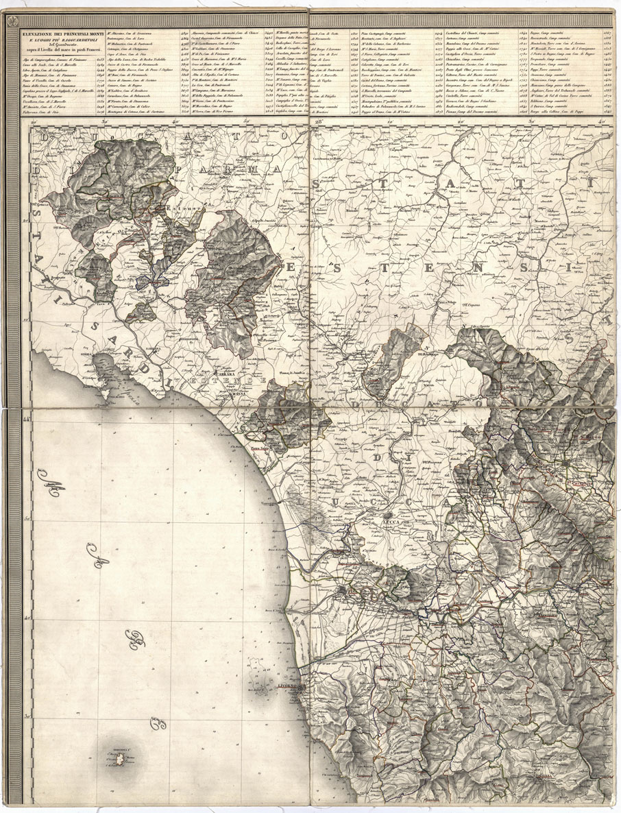 (N:15672) CARTA GEOMETRICA DELLA TOSCANA RICAVATA DAL VERO NELLA PROPORZIONE DI 1:200.000 E DEDICATA A S. A. I. E R. LEOPOLDO II, ECC., DA ECC., GIOVANNI INGHIRAMI. FIRENZE  - Foglio 1 (B0012918) Carte e stampe antiche: riproduzione a colori su carta (formato A1)