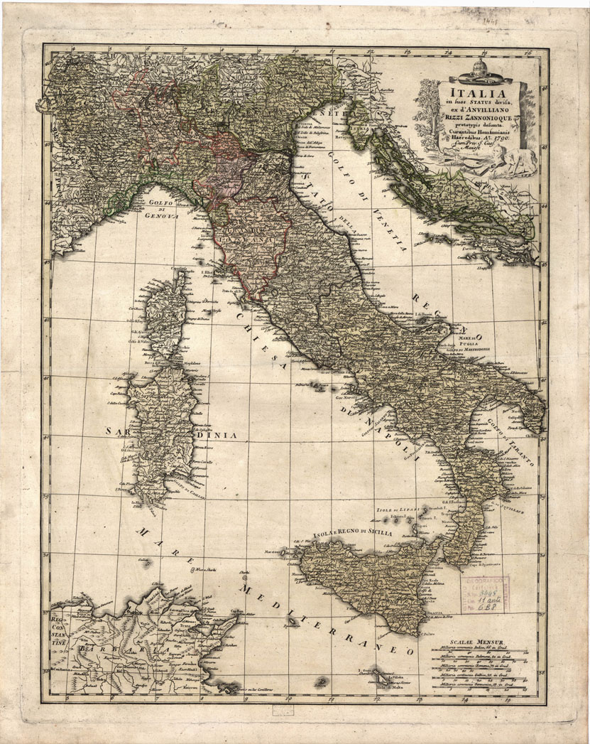 (N:9468) ITALIA IN SUOS STATUS DIVISA, EX D'ANVILLIANO RIZZI ZANNONI OQUE PROTOTYPIS DESUNTA. CURANTIBUS HOMANNIANIS HAEREDIBUS A 1790. CUM PRIV. S. CAES. MAJEST.
 (B0012944) Carte e stampe antiche: riproduzione a colori su carta (formato A1)