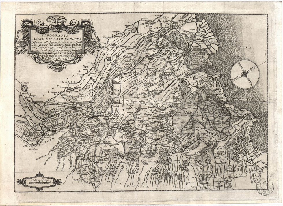 (N:9472) TOPOGRAFIA DELLO STATO DI FERRARA DISEGNATA DALLA FORMA PIU' MODERNA CO' SUOI POLESINI, RIVIERE, VILLE, TERRITORI, FIUMI, VALLI, CONDOTTI, STRADE ET ARGINI CIRCOSCRITTI DA STATI CIRCONVICINI  DA GIOSEFFO TOMASO BONFADINI (B0012948) Carte e stampe antiche: riproduzione a colori su carta (formato A1)