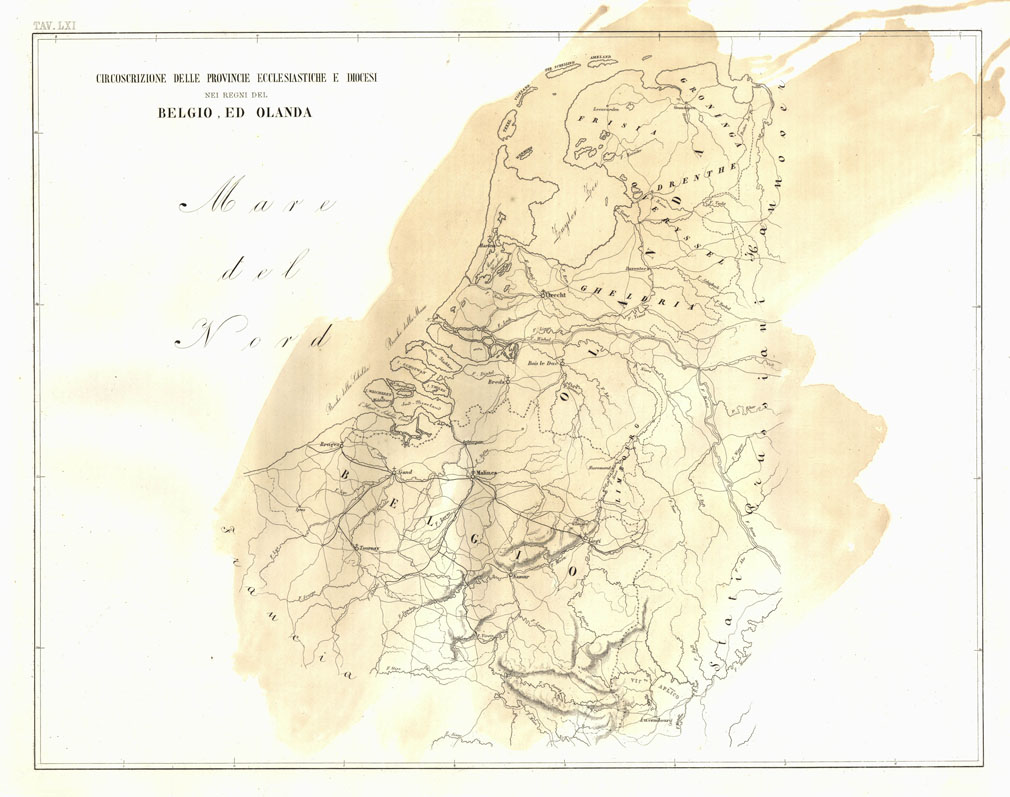 (N:6764) L'Atlante del Petri. - Parte II Tavole LXI - CIRCROSCRIZIONE DELLE PROVINCIE ECCLESIASTICHE E DIOCESI NEI REGNI DEL BELGIO, ED OLANDA. (B0013196, B0013201) Carte e stampe antiche: riproduzione a colori su carta (formato A1)