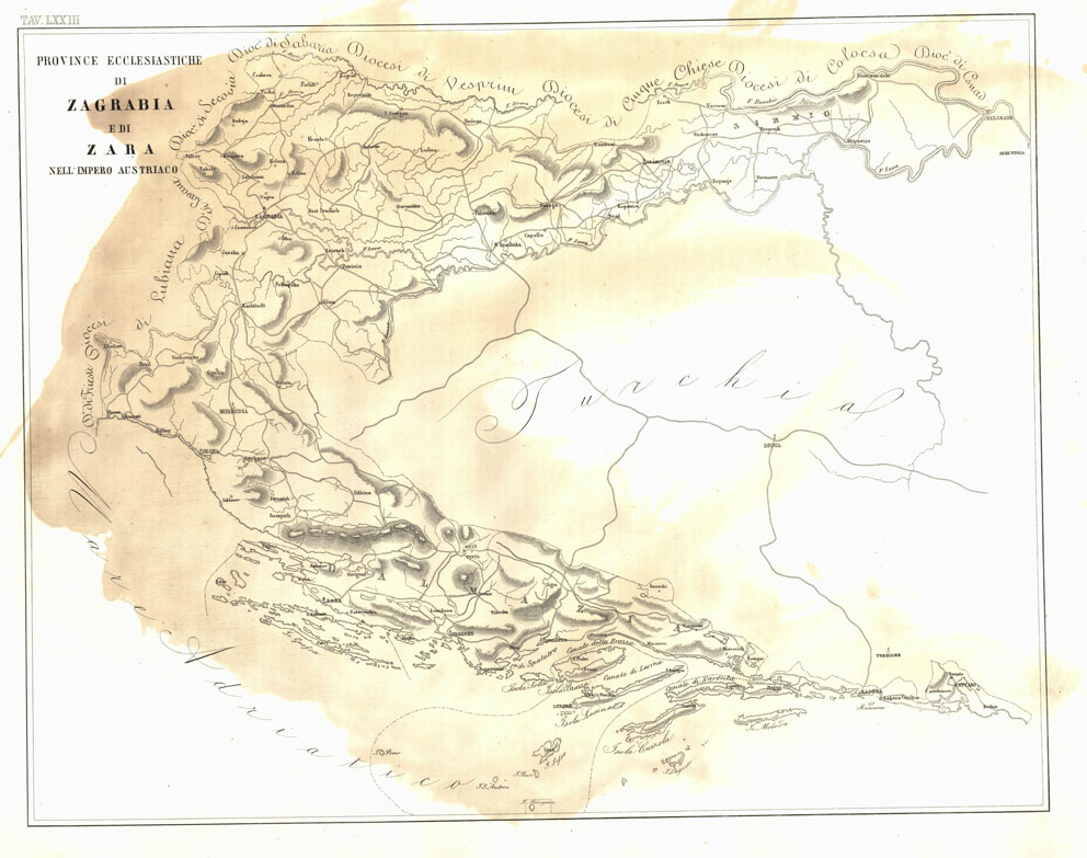 (N:6741) L'Atlante del Petri - Parte II Tavole LXXIII - PROVINCE ECCLESIASTICHE DI ZAGABRIA E DI ZARA NELL'IMPERO AUSTRIACO. (B0013217, B0013222) Carte e stampe antiche: riproduzione a colori su carta (formato A1)