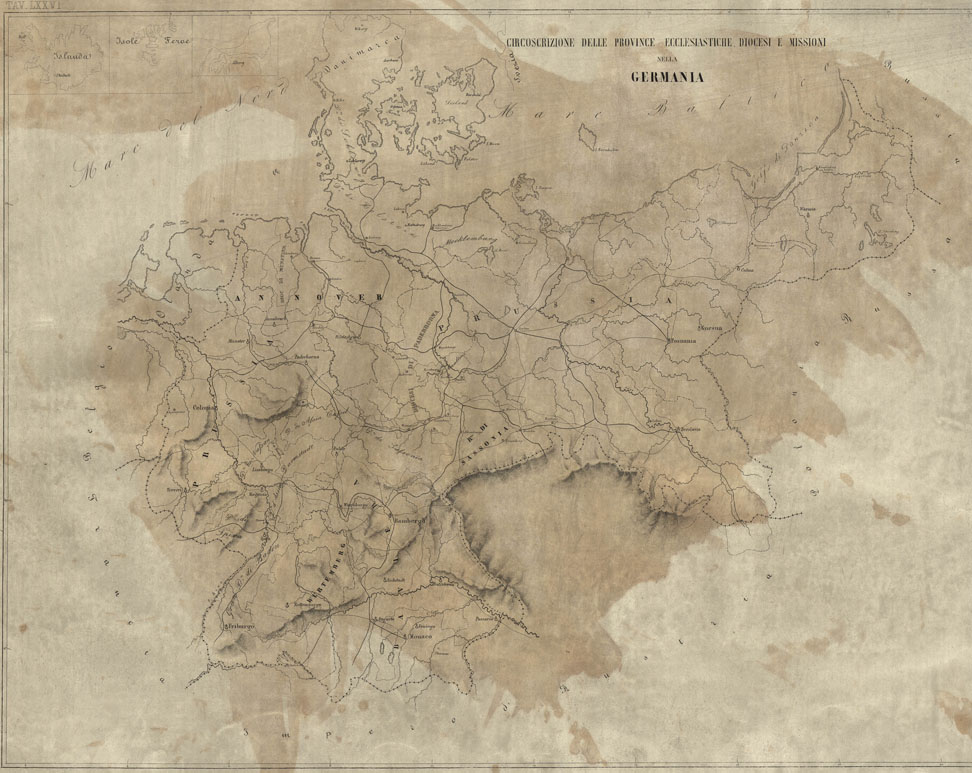 (N:6732) L'Atlante del Petri - Parte II Tavole LXXVI -CIRCOSCRIZIONE DELLE PROVINCE ECCLESIASTICHE DIOCESI E MISSIONI NELLA GERMANIA. (B0013221, B0013230) Carte e stampe antiche: riproduzione a colori su carta (formato A1)