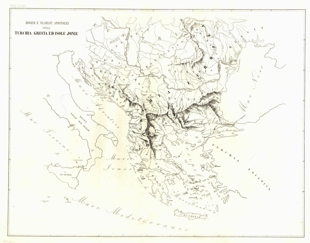 (N:6582) L'Atlante del Petri - Parte II Tavole XCIII - DIOCESI E VICARIATI APOSTOLICI DELLA TURCHIA, GRECIA, ED ISOLE JONIE. (B0013259, B0013264) Carte e stampe antiche: riproduzione a colori su carta (formato A1)