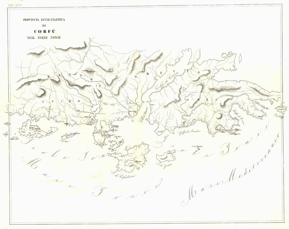 (N:6576) L'Atlante del Petri. - Parte II Tavola XCV -PROVINCIA ECCLESIASTICA DI CORFU' NELL'ISOLE JONIE. (B0013262, B0013269) Carte e stampe antiche: riproduzione a colori su carta (formato A1)