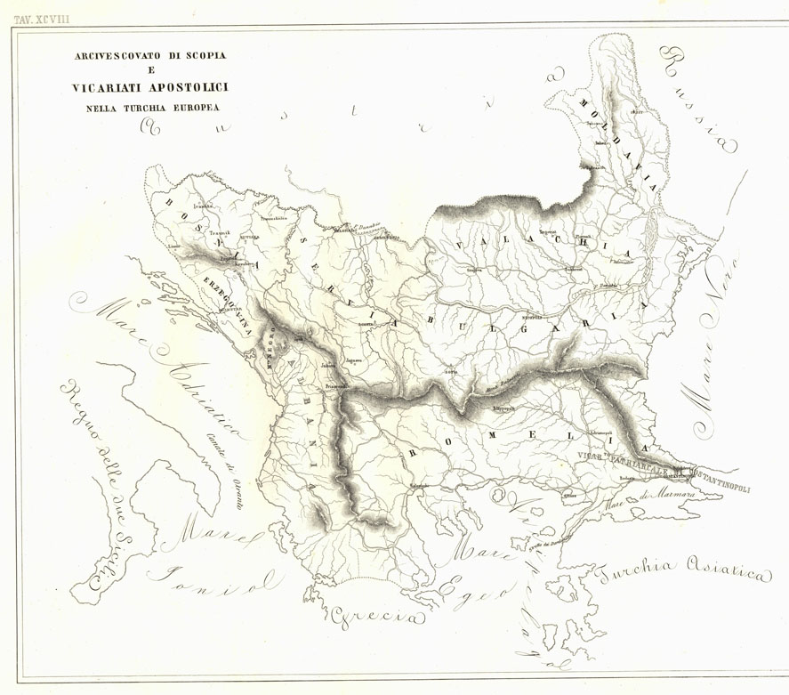 (N:6566) L'Atlante del Petri - Parte II Tavole XCVIII - ARCIVESCOVATO DI SCOPIA E VICARIATI APOSTOLICI NELLA TURCHIA EUROPEA (B0013268, B0013270) Carte e stampe antiche: riproduzione a colori su carta (formato A1)