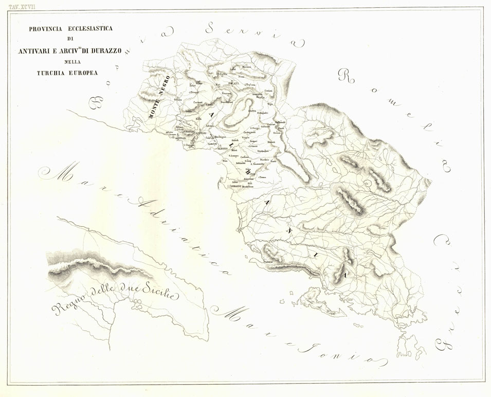 (N:6570) ATLANTE DEL PETRI - Parte II Tavola XCVII -PROVINCIA ECCLESIASTICA DI ANTIVARI E ARCIV.TO DI DURAZZO NELLA TURCHIA EUROPEA (B0013267, B0013271) Carte e stampe antiche: riproduzione a colori su carta (formato A1)