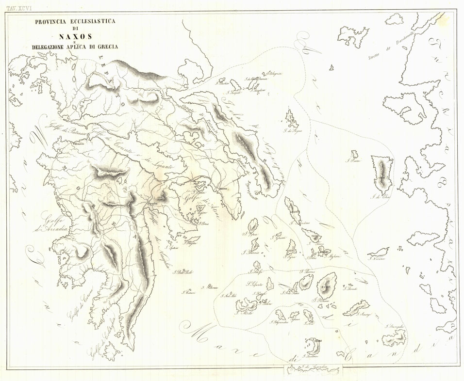 (N:6572) L'Atlante del Petri. - Parte II Tavola XCVI - ROVINCIA ECCLESIASTICA DI NAXOS E DELEGAZIONE APLICA DI GRECIA. (B0013263, B0013272) Carte e stampe antiche: riproduzione a colori su carta (formato A1)