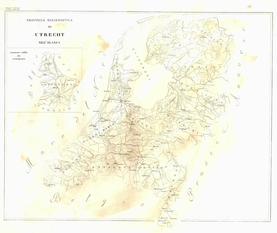 (N:6761) L'Atlante del Petri - Parte II Tavola LXIII - PROVINCIA ECCLESIASTICA DI UTRECHT NELL'OLANDA E VICARIATO APLICO DEL LUXEMBURGO (B0013197, B0013275) Carte e stampe antiche: riproduzione a colori su carta (formato A1)