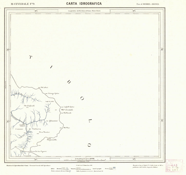 (N:4495) CARTA IDROGRAFICA DEL REGNO D'ITALIA - Foglio 9 - M. Cevedale (B0013281) Carte e stampe antiche: riproduzione a colori su carta (formato A1)