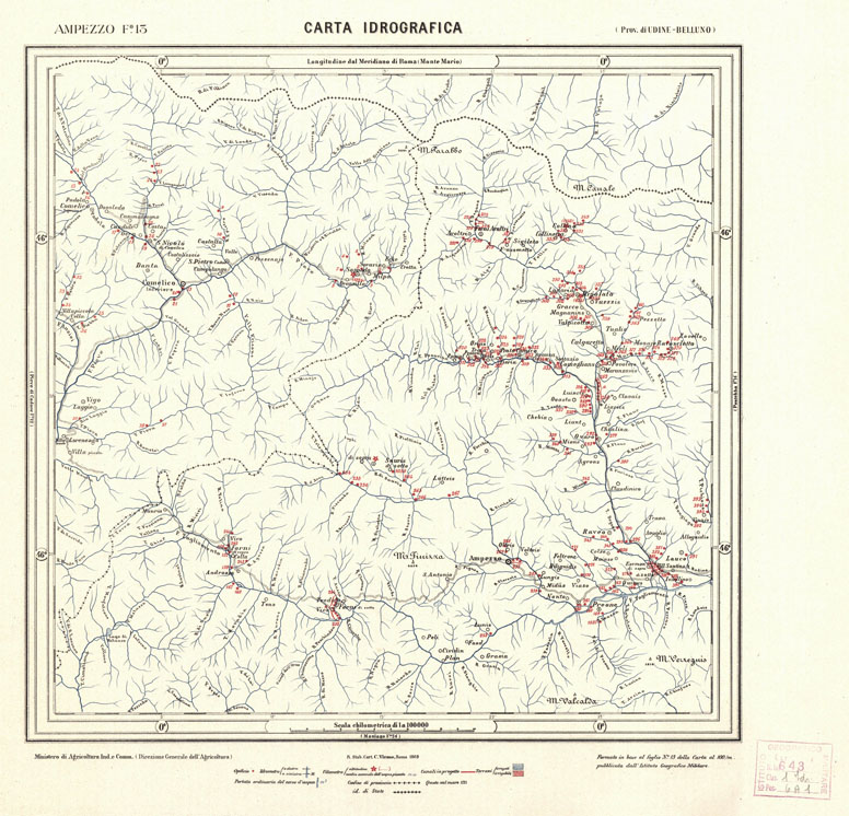 (N:4492) CARTA IDROGRAFICA DEL REGNO D'ITALIA - Foglio 13 - Ampezzo (B0013284) Carte e stampe antiche: riproduzione a colori su carta (formato A1)