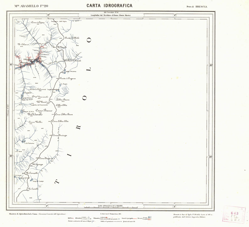 (N:3830) CARTA IDROGRAFICA DEL REGNO D'ITALIA - Foglio 20 - M.te Adamello (B0013291) Carte e stampe antiche: riproduzione a colori su carta (formato A1)