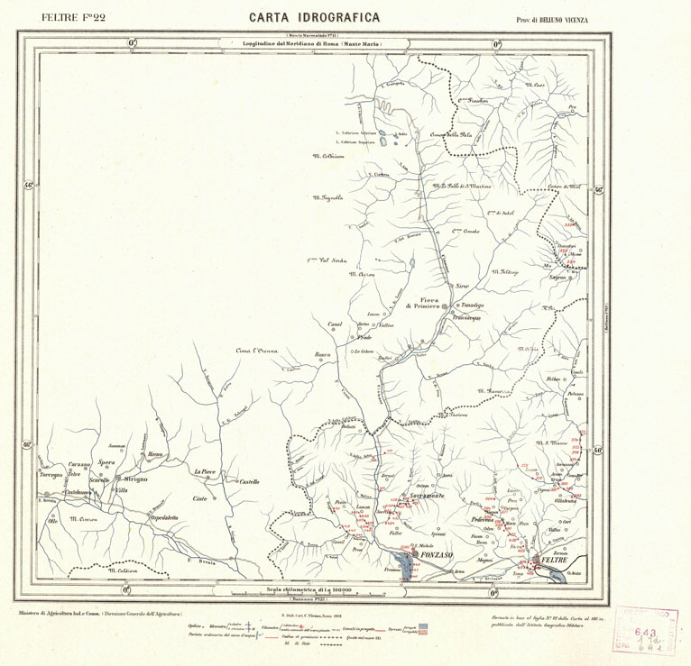 (N:3829) CARTA IDROGRAFICA DEL REGNO D'ITALIA - Foglio 22 - Feltre (B0013292) Carte e stampe antiche: riproduzione a colori su carta (formato A1)