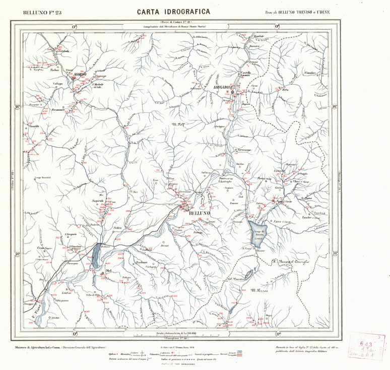 (N:3828) CARTA IDROGRAFICA DEL REGNO D'ITALIA - Foglio 23 - Belluno (B0013293) Carte e stampe antiche: riproduzione a colori su carta (formato A1)