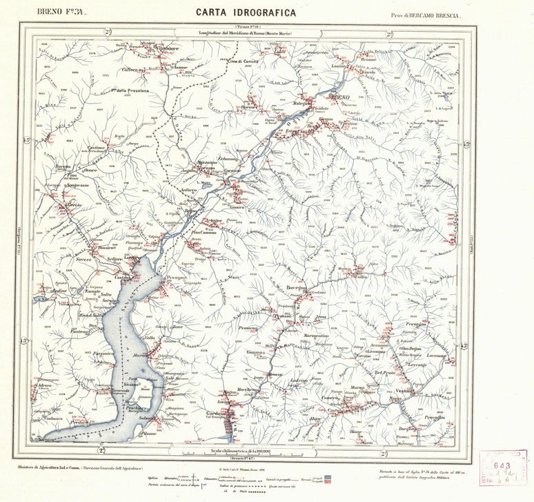 (N:3804) CARTA IDROGRAFICA DEL REGNO D'ITALIA - Foglio 34 - Breno (B0013303) Carte e stampe antiche: riproduzione a colori su carta (formato A1)