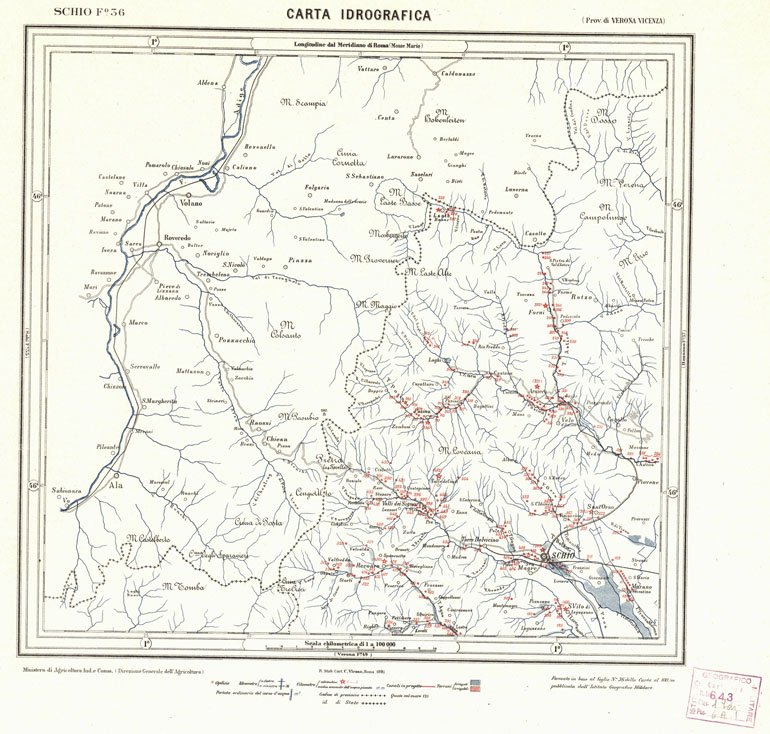 (N:3802) CARTA IDROGRAFICA DEL REGNO D'ITALIA - Foglio 36 - Schio (B0013305) Carte e stampe antiche: riproduzione a colori su carta (formato A1)