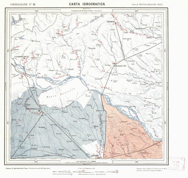 (N:3800) CARTA IDROGRAFICA DEL REGNO D'ITALIA - Foglio 38 - Conegliano (B0013307) Carte e stampe antiche: riproduzione a colori su carta (formato A1)