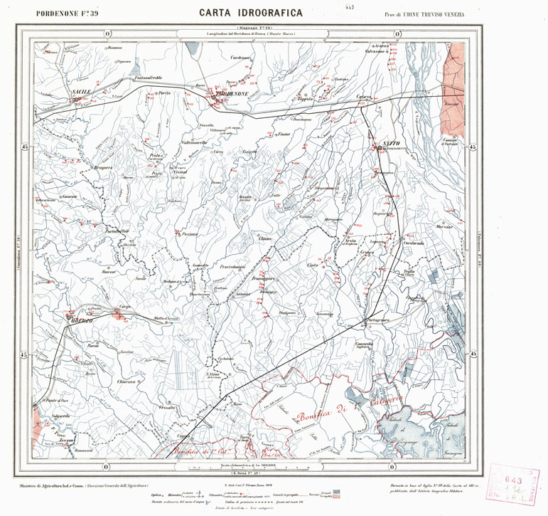 (N:3799) CARTA IDROGRAFICA DEL REGNO D'ITALIA - Foglio 39 - Pordenone (B0013308) Carte e stampe antiche: riproduzione a colori su carta (formato A1)