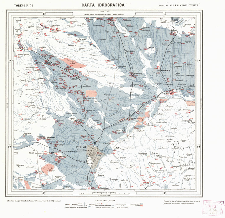 (N:1914) CARTA IDROGRAFICA DEL REGNO D'ITALIA - Foglio 56 - Torino (B0013325) Carte e stampe antiche: riproduzione a colori su carta (formato A1)