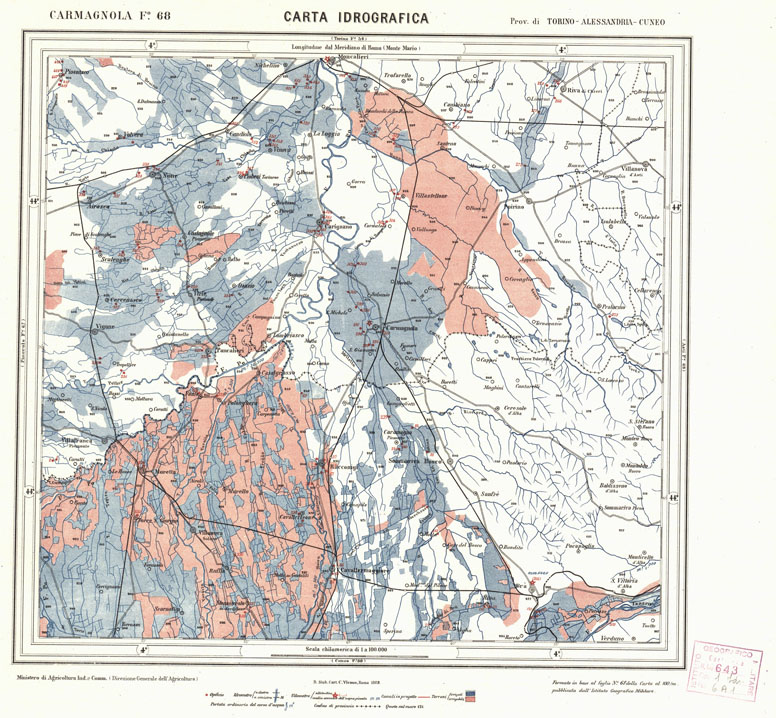 (N:1727) CARTA IDROGRAFICA DEL REGNO D'ITALIA - Foglio 68 - Carmagnola (B0013336) Carte e stampe antiche: riproduzione a colori su carta (formato A1)