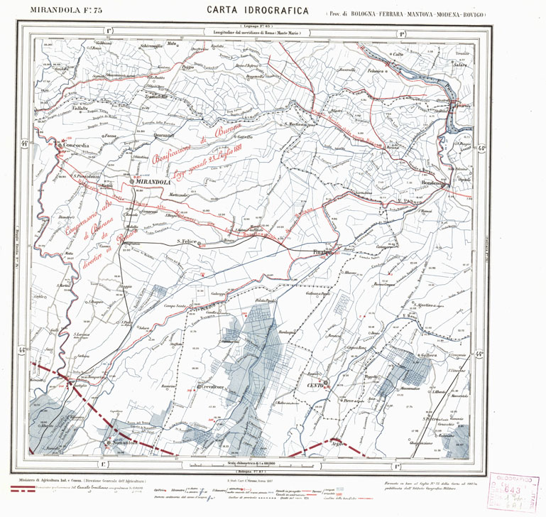 (N:1714) CARTA IDROGRAFICA DEL REGNO D'ITALIA - Foglio 75 - Mirandola (B0013343) Carte e stampe antiche: riproduzione a colori su carta (formato A1)