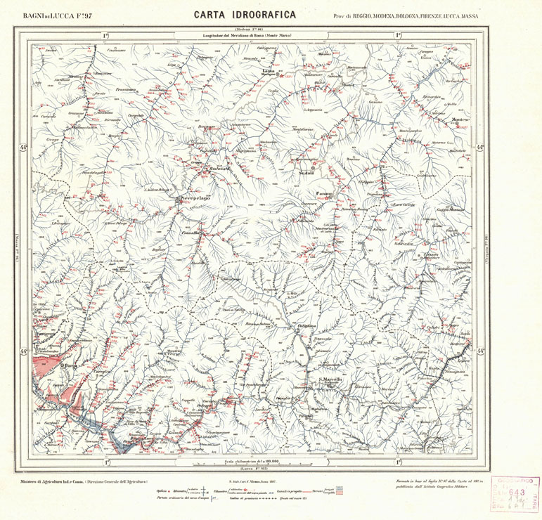 (N:1689) CARTA IDROGRAFICA DEL REGNO D'ITALIA - Foglio 97 - Bagni di Lucca (B0013363) Carte e stampe antiche: riproduzione a colori su carta (formato A1)