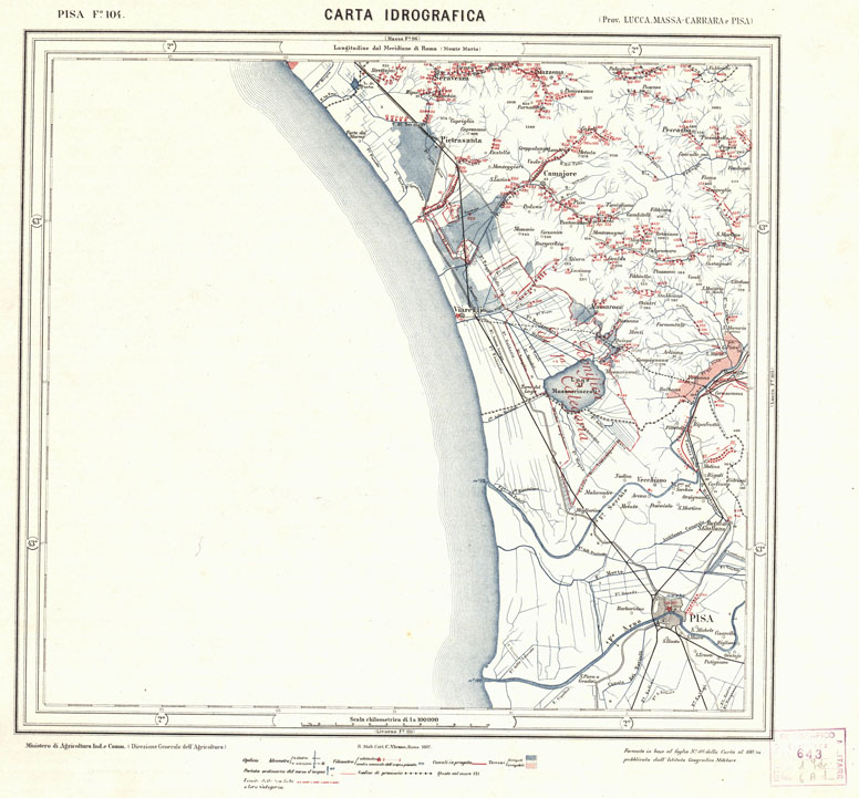 (N:1682) CARTA IDROGRAFICA DEL REGNO D'ITALIA - Foglio 104 - Pisa (B0013370) Carte e stampe antiche: riproduzione a colori su carta (formato A1)