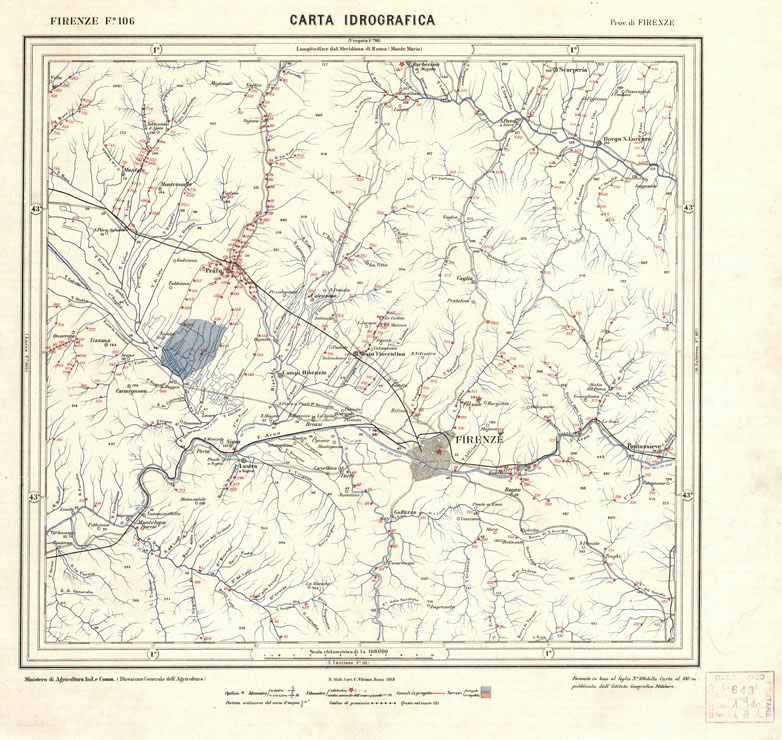 (N:1680) CARTA IDROGRAFICA DEL REGNO D'ITALIA - Foglio 106 - Firenze (B0013372) Carte e stampe antiche: riproduzione a colori su carta (formato A1)
