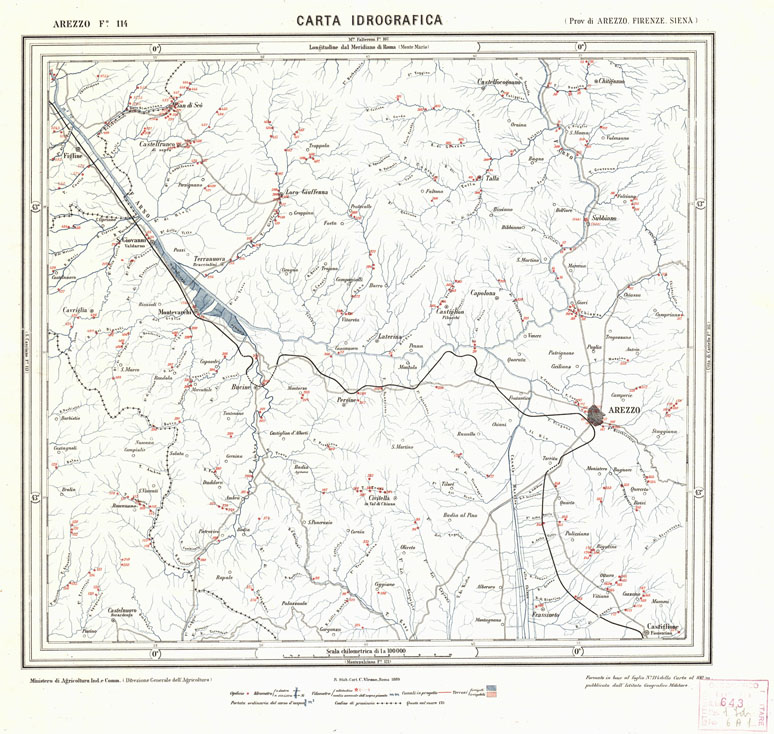 (N:1671) CARTA IDROGRAFICA DEL REGNO D'ITALIA - Foglio 114 - Arezzo (B0013380) Carte e stampe antiche: riproduzione a colori su carta (formato A1)