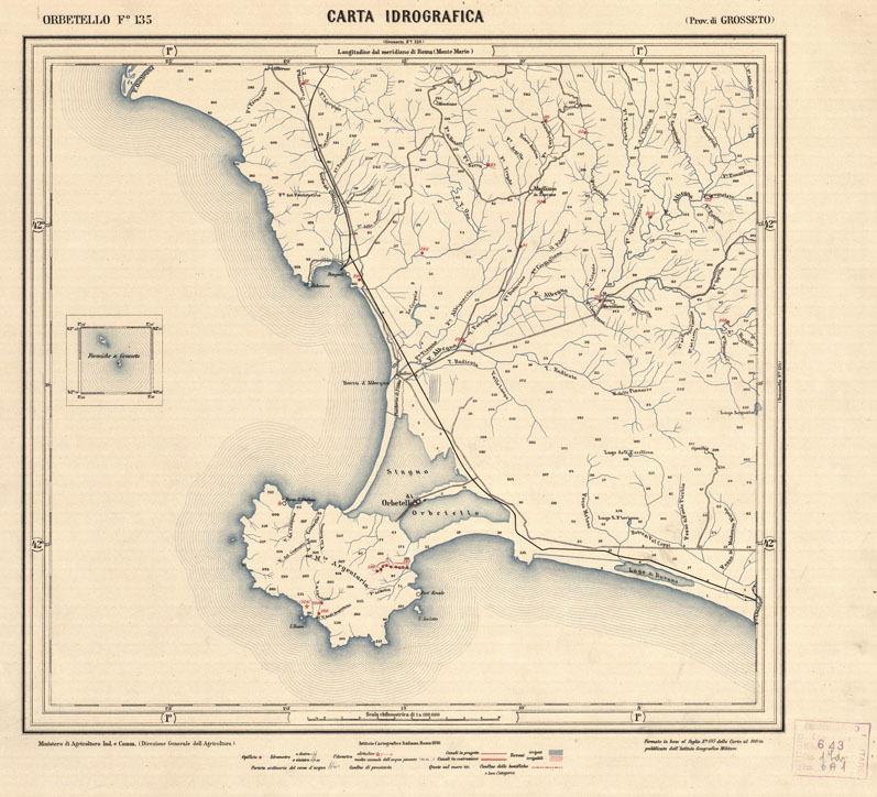 (N:1205) CARTA IDROGRAFICA DEL REGNO D'ITALIA - Foglio 135 - Orbetello (B0013401) Carte e stampe antiche: riproduzione a colori su carta (formato A1)