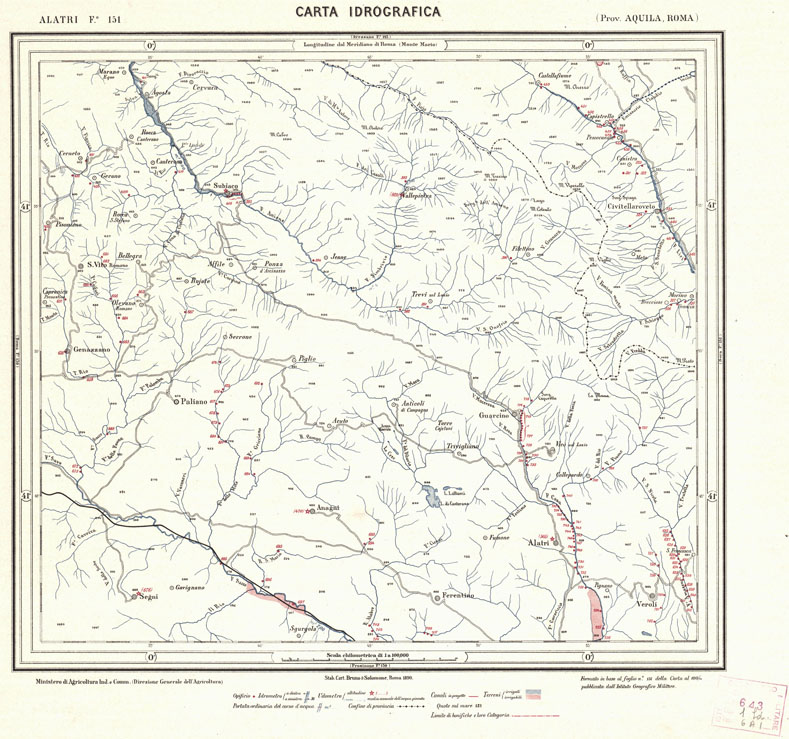 (N:1174) CARTA IDROGRAFICA DEL REGNO D'ITALIA - Foglio 151 - Alatri (B0013417) Carte e stampe antiche: riproduzione a colori su carta (formato A1)