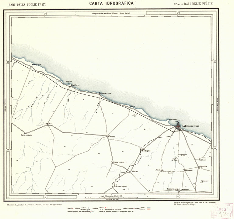 (N:1098) CARTA IDROGRAFICA DEL REGNO D'ITALIA - Foglio 177 - Bari delle Puglie (B0013439) Carte e stampe antiche: riproduzione a colori su carta (formato A1)